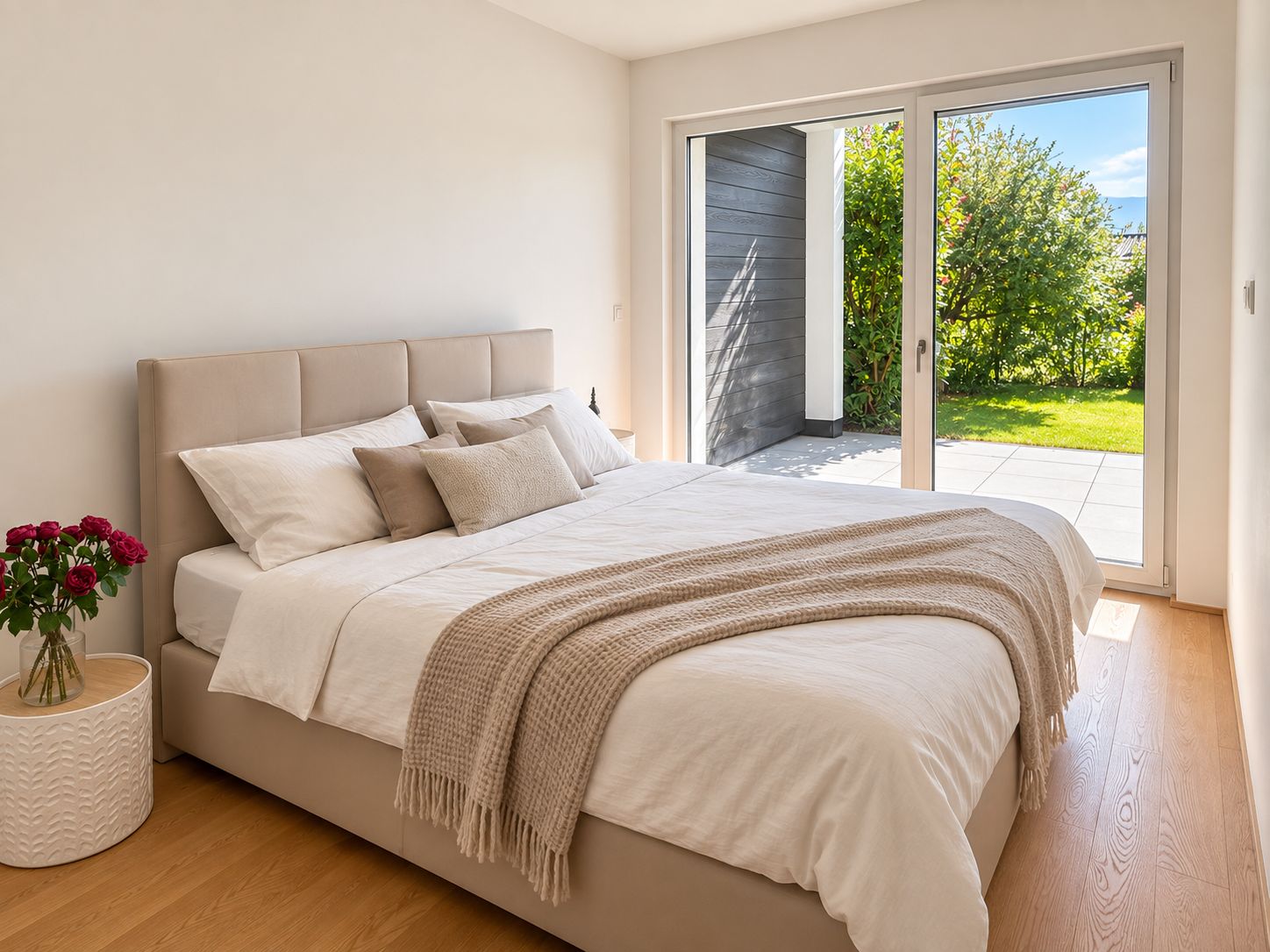 Ein Schlafzimmer mit einem Bett, einem Nachttisch mit Blumen in einer Vase und Blick auf einen Garten durch eine Schiebetür.