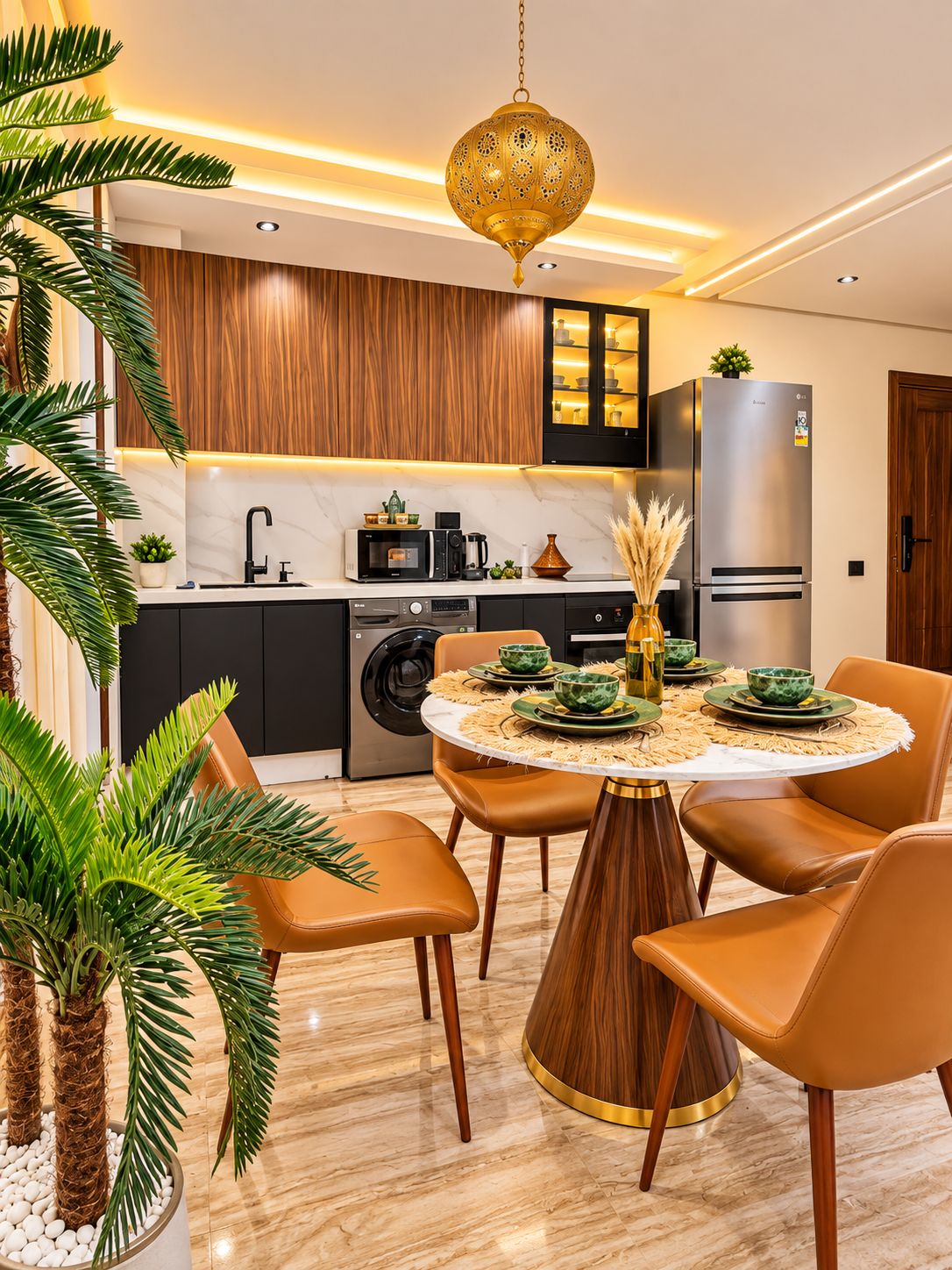 A modern kitchen with a central island, built-in appliances, and a dining area with leather chairs.