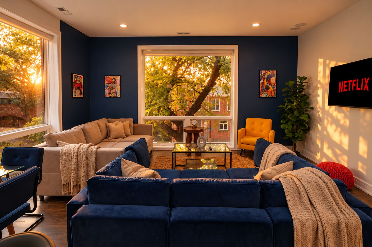 A modern living room with a large window, a sofa set, a coffee table, and a TV mounted on the wall.