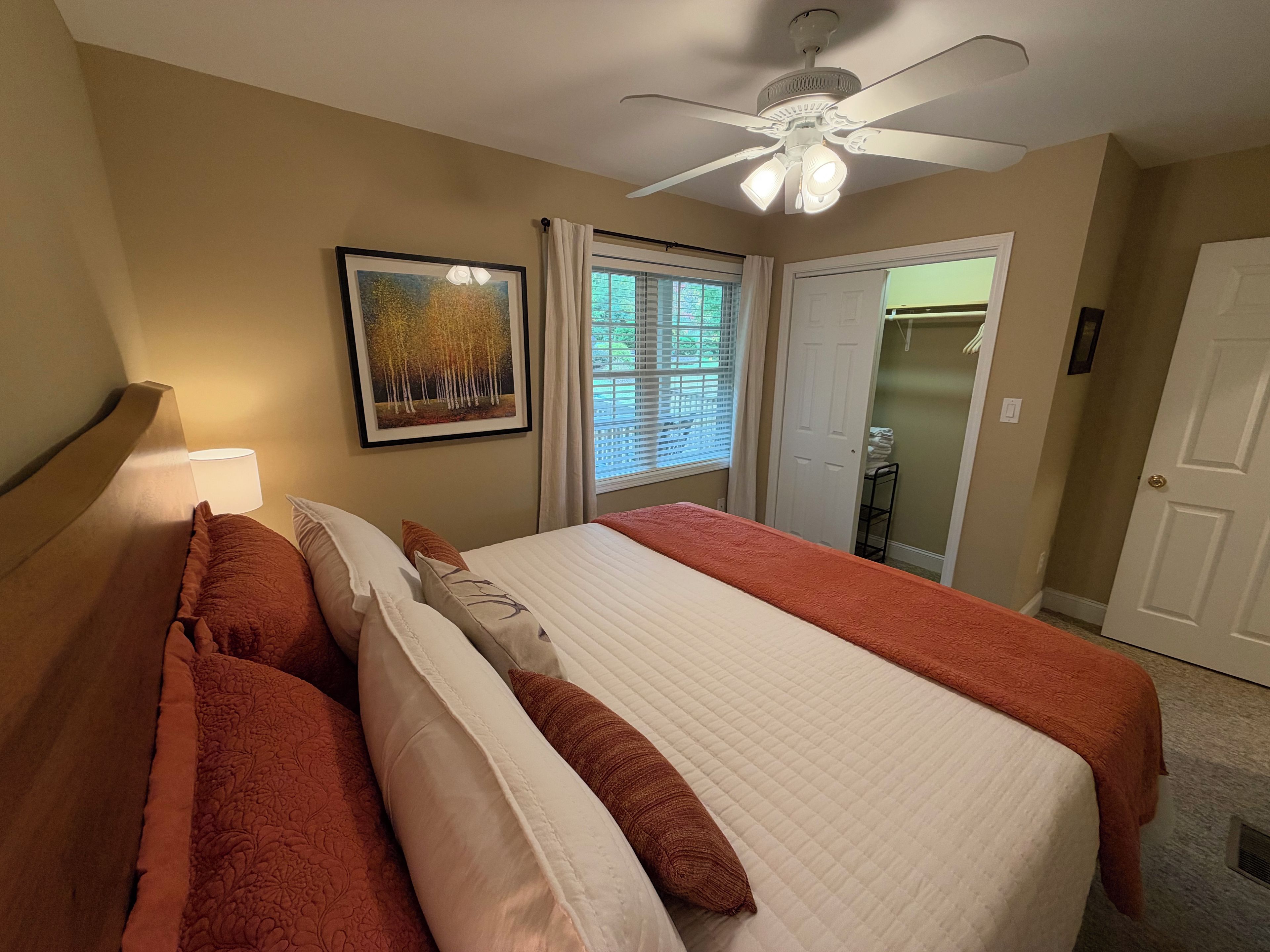 A bedroom with a bed, a ceiling fan, a window with blinds, and a door leading to a closet.