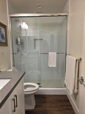 Un baño con ducha envuelta en vidrio, un inodoro y un lavamanos.