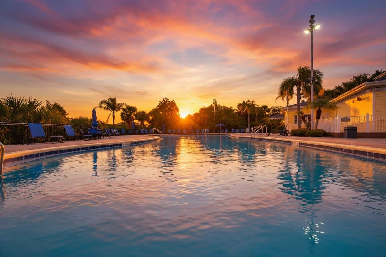 A swimming pool with lounge chairs and palm trees, surrounded by a fence and a building with a light on top.