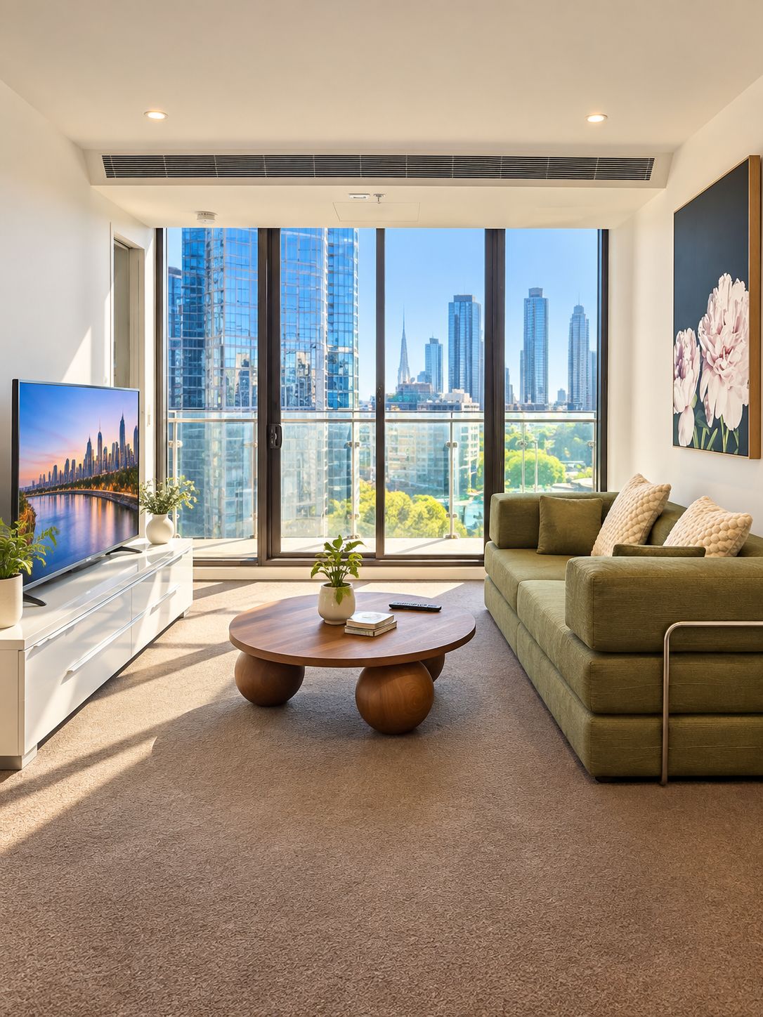 A modern living room with a large window, a flat-screen TV, a green sofa, and a coffee table.