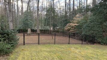 A fenced yard with a grassy area, trees, and a hill in the background.