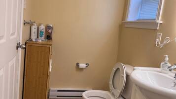 A bathroom with a toilet, sink, and a small cabinet with toiletries.