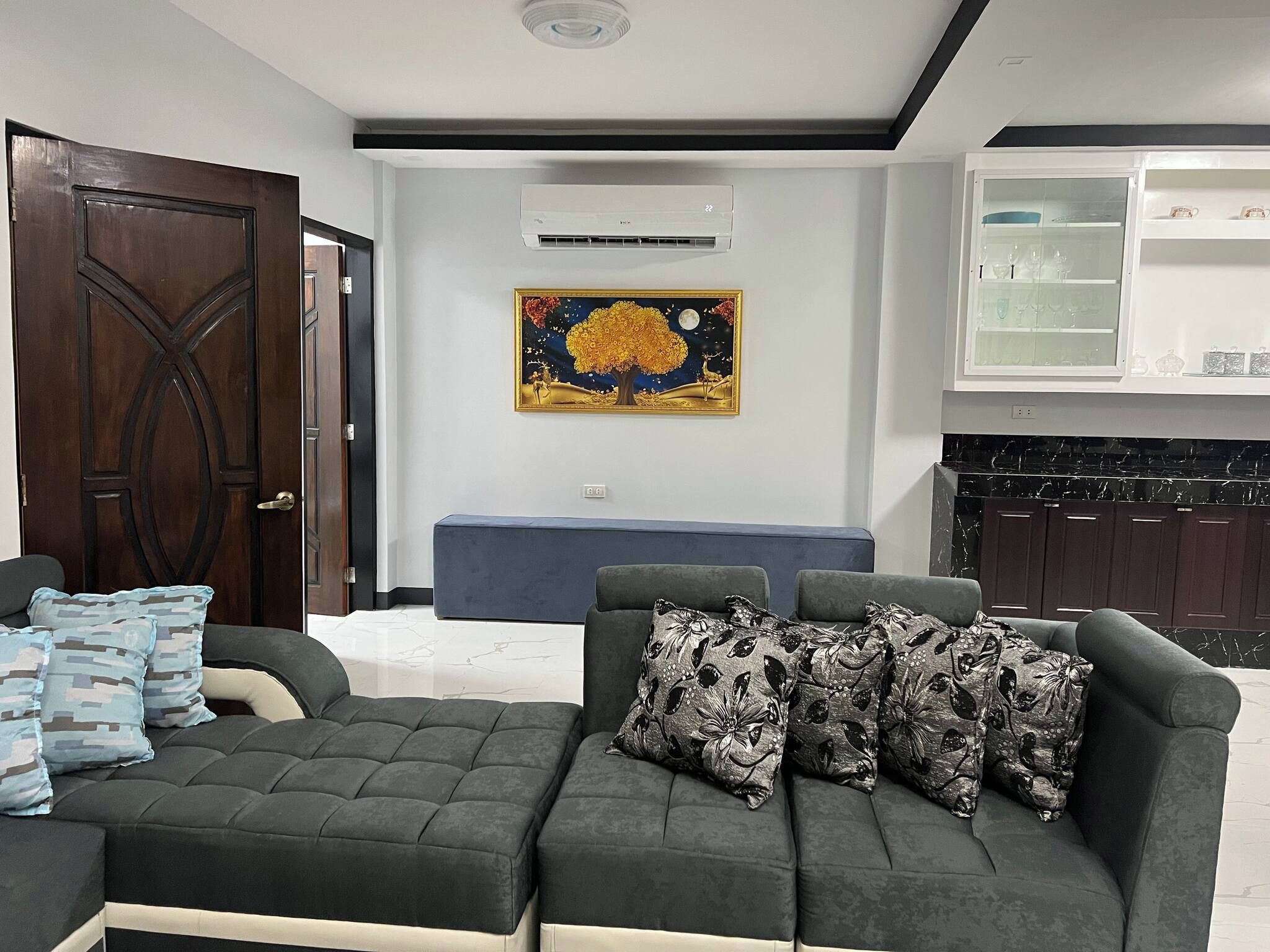 Un salon avec un canapé foncé, des coussins décoratifs, un climatiseur fixé au mur et un tableau.