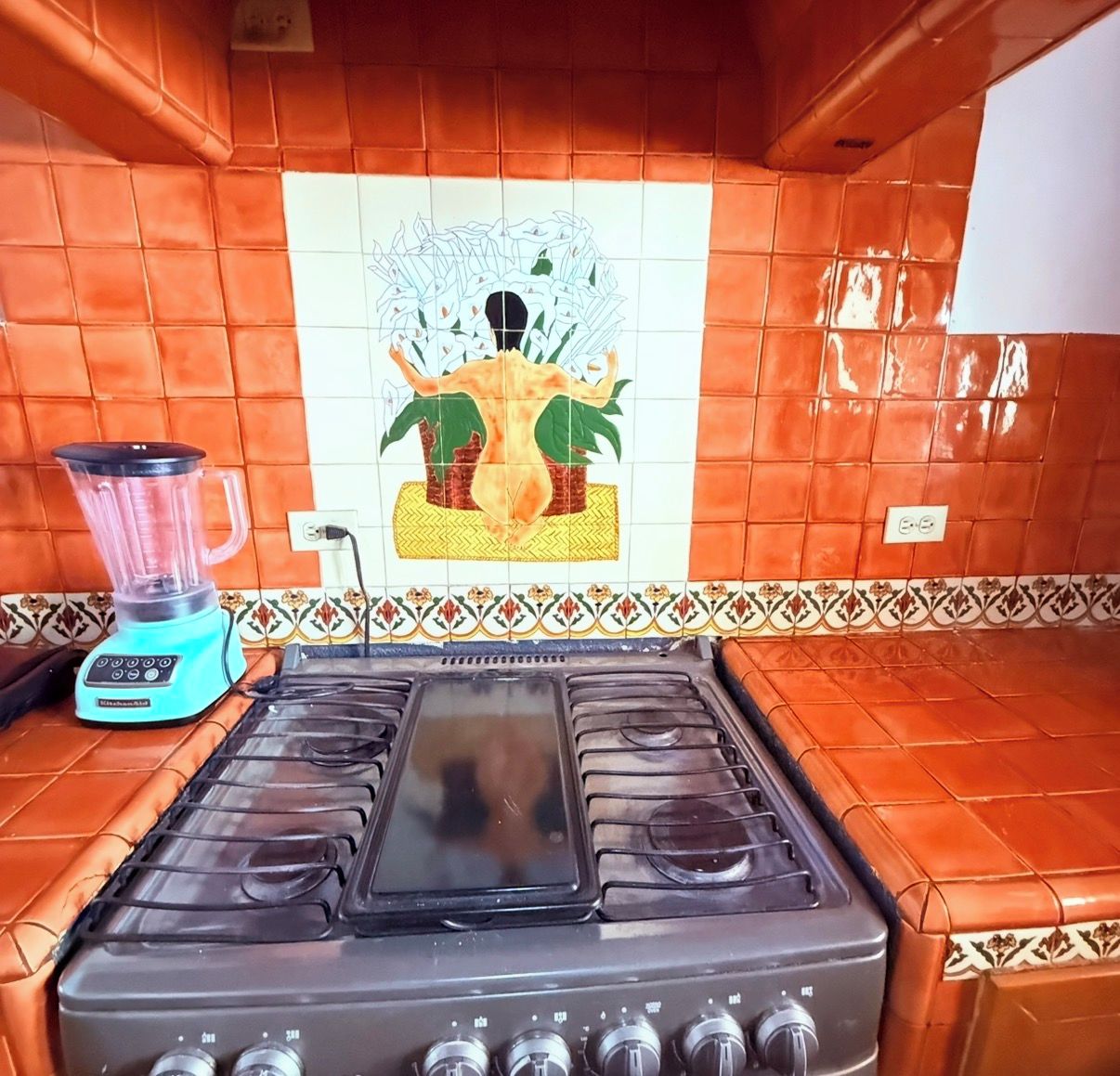 A kitchen with a gas stove, a blender, and a decorative backsplash.