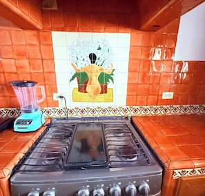 Una cocina con estufa a gas, licuadora y un salpicadero decorativo.