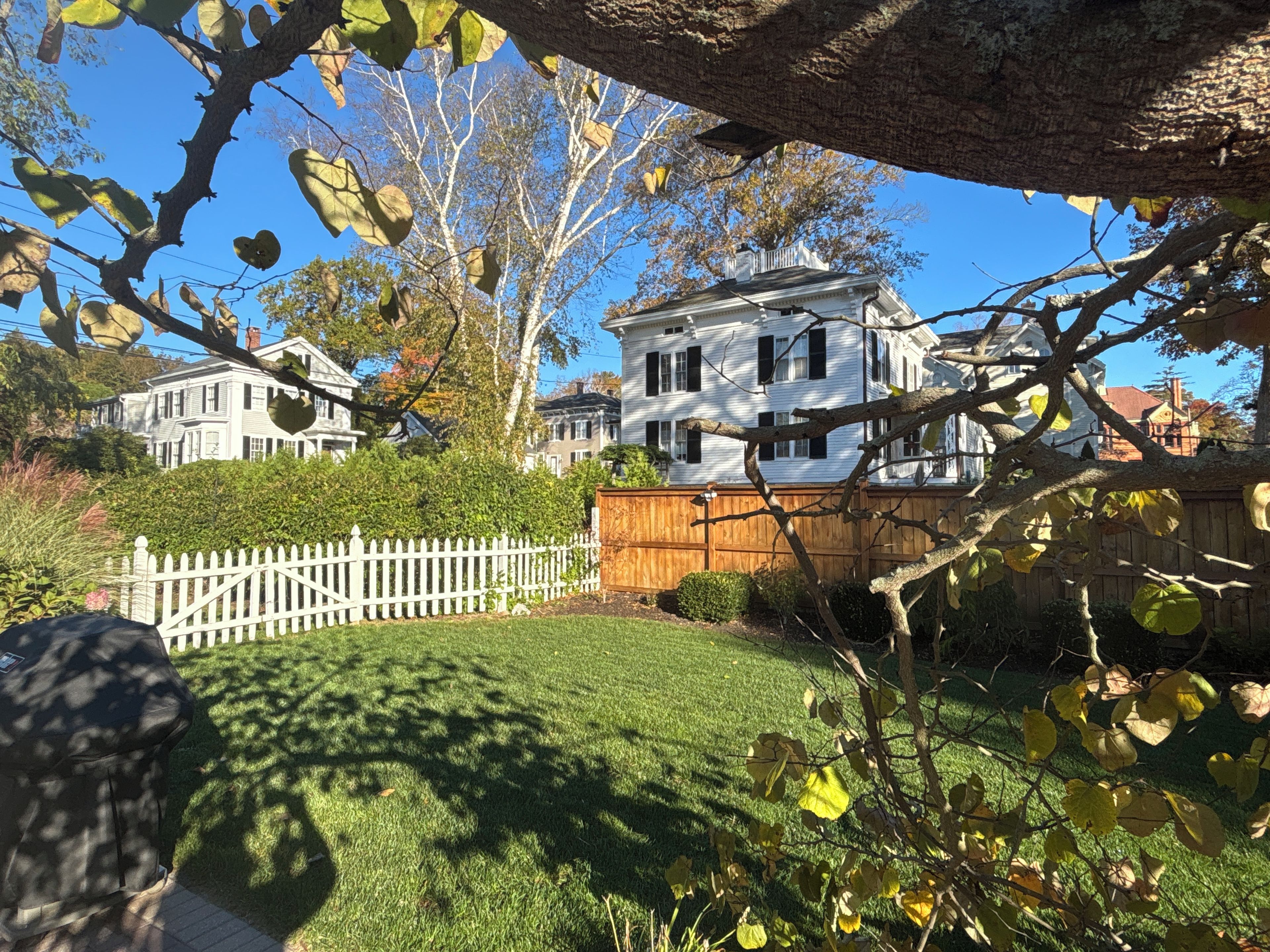 A residential area with a white house, a wooden fence, and a well-maintained lawn.