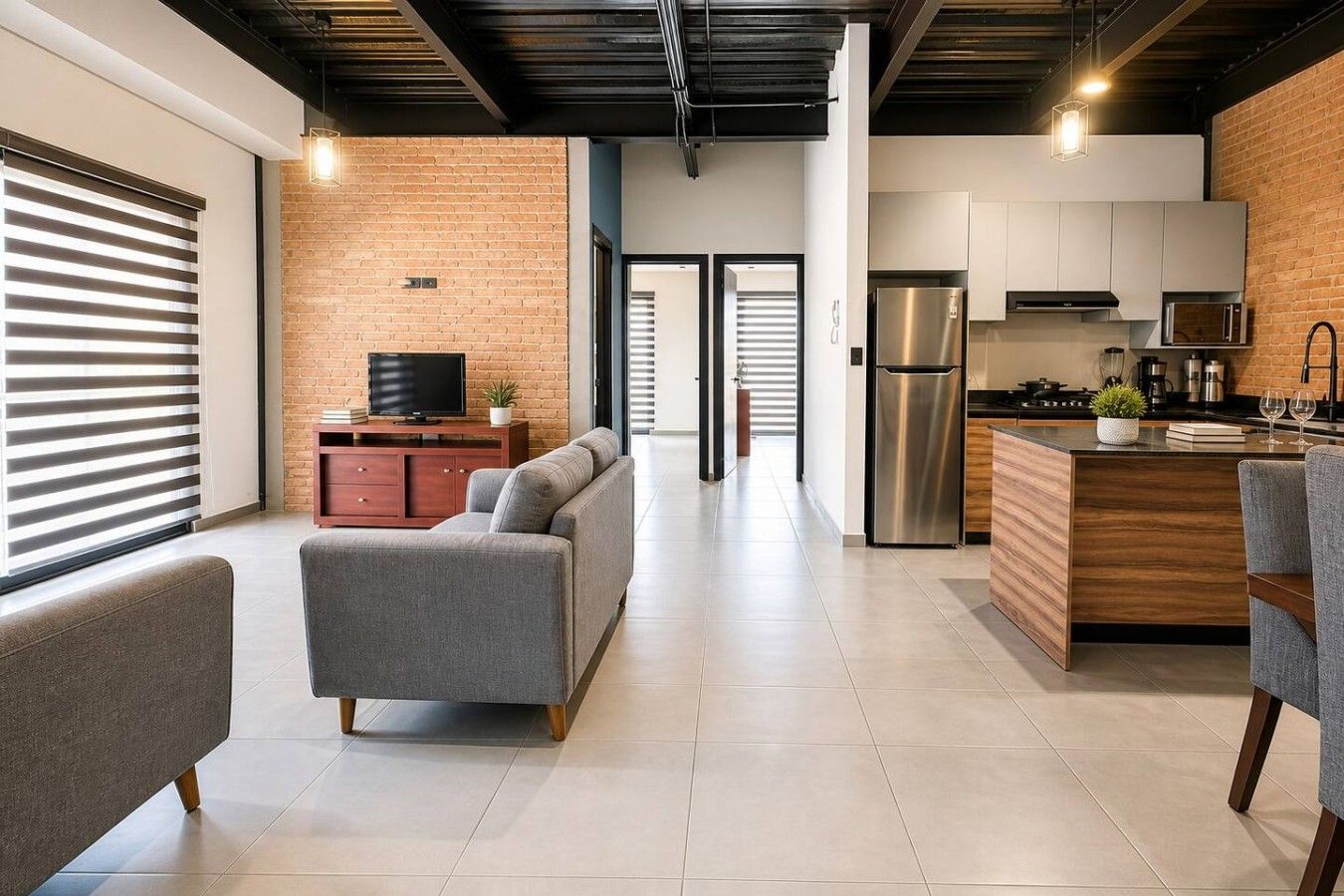 A modern kitchen with stainless steel appliances, a grey sofa, and a wooden dining table.