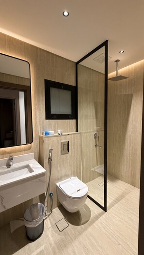 Un baño moderno con un espejo grande, un lavabo, un inodoro y una zona de ducha.