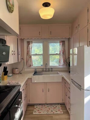 A compact kitchen with a sink, stove, and refrigerator. - The Funky Flamingo Lake Retreat-Walk to the Park/Fishing/Boating (Rockaway Beach)