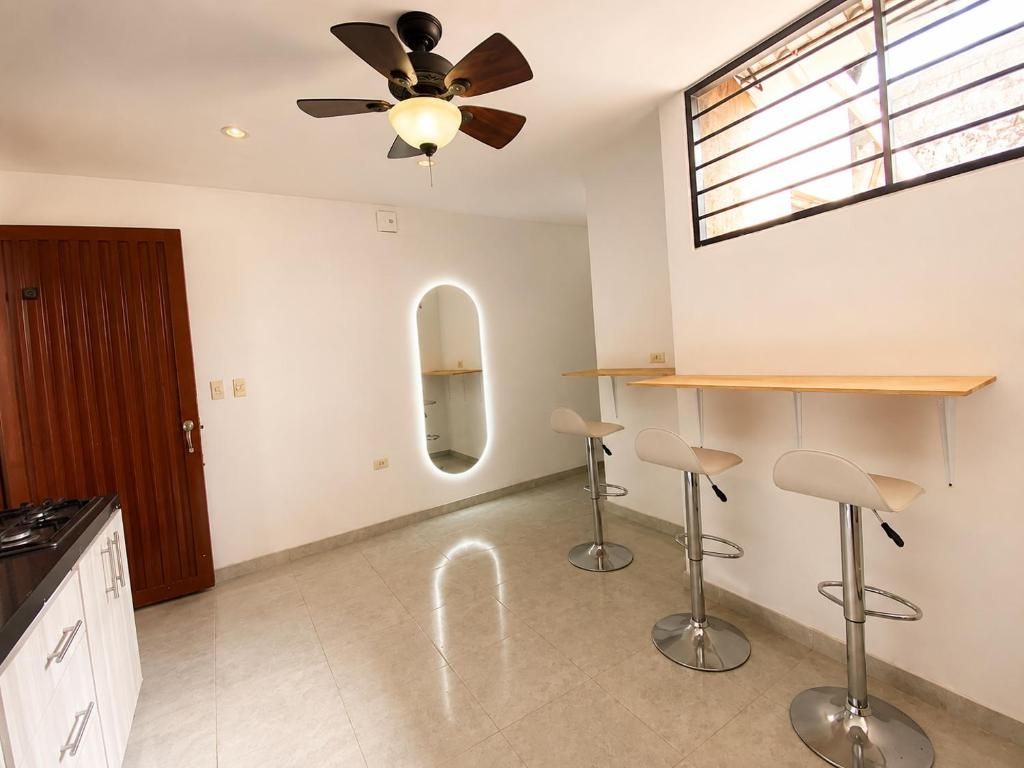 Una cocina moderna con estufa, ventilador de techo y puerta de madera.
