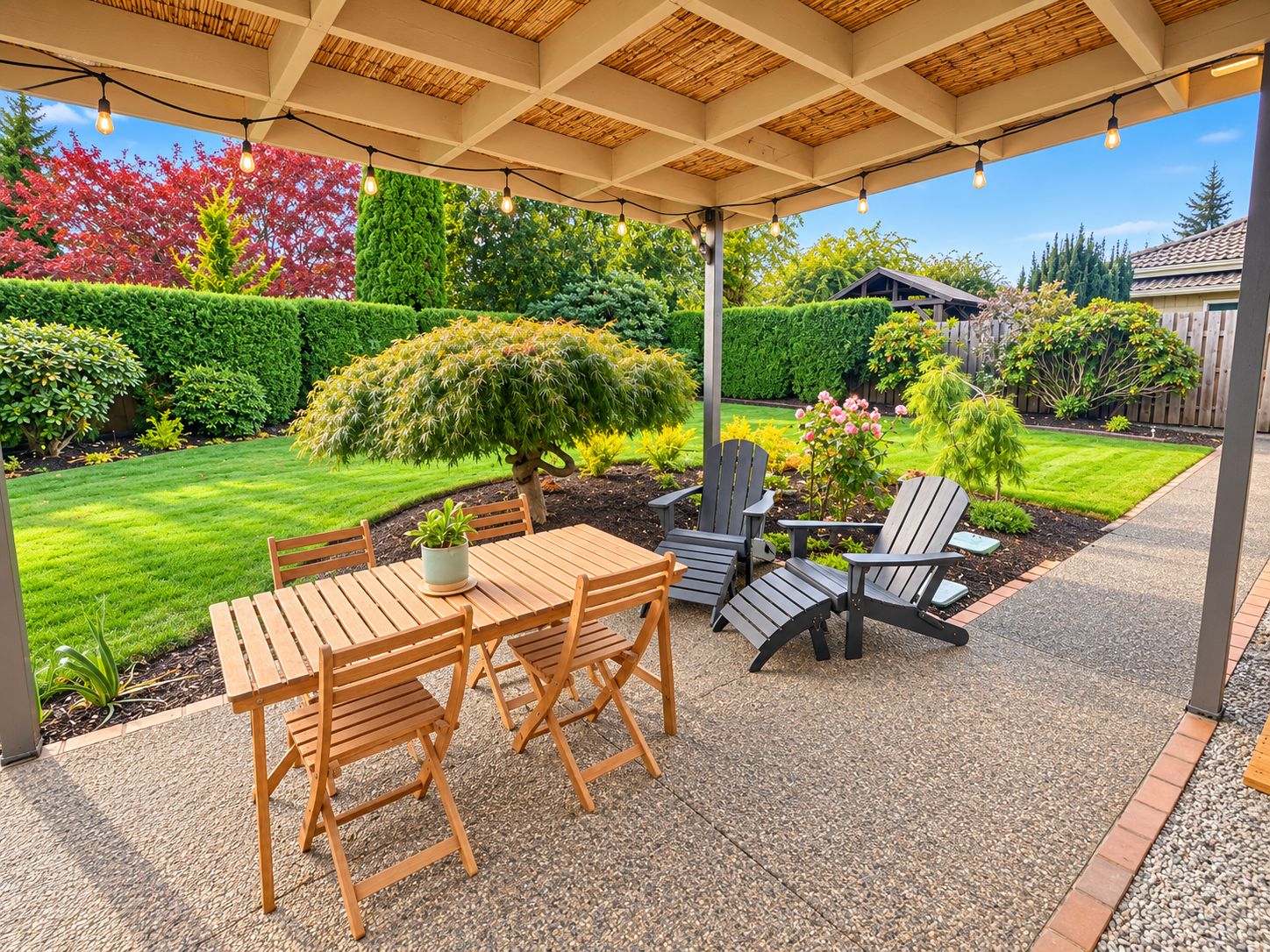 A covered patio area with a wooden table and chairs, surrounded by a well-maintained garden with various plants and a small tree.