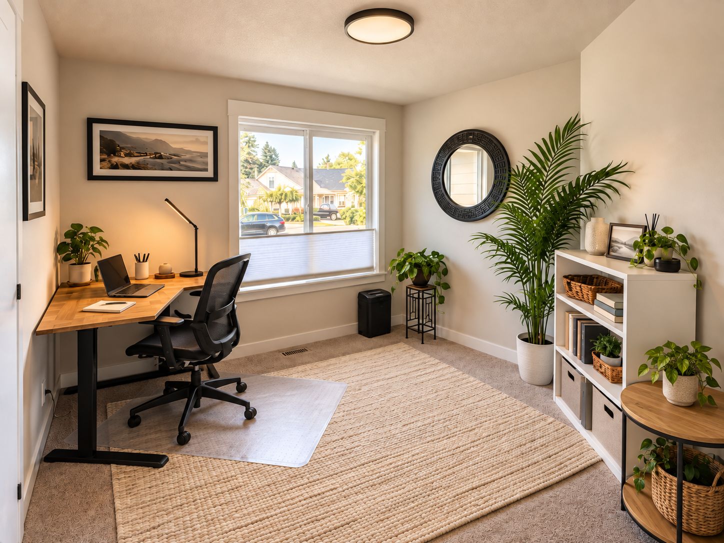 A home office with a desk, chair, computer, and plants.