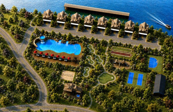 An aerial view of a resort with a swimming pool, tennis courts, and a boat on the water. - New Luxe Lakefront Lodge | Dock, Pool & Free Amenities | Min to Branson (Hollister)