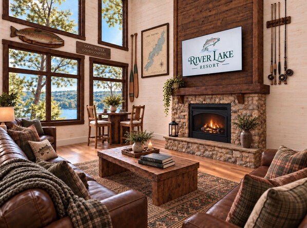 A cozy living room with a fireplace, wooden furniture, and a view of the outdoors. - Lakefront Lodge | River Views & Resort Fun | Pool, Golf & Dock (Hollister)