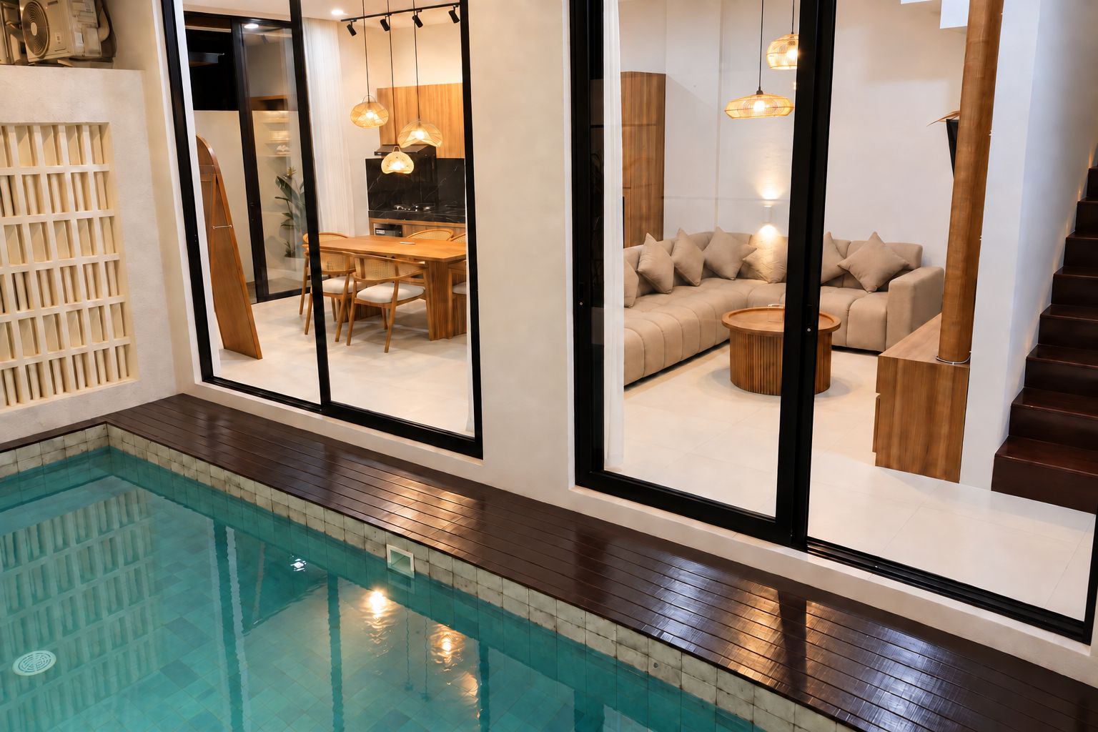 Una piscina interior con terraza de madera, un comedor con mesa y sillas, un sofá y una escalera.