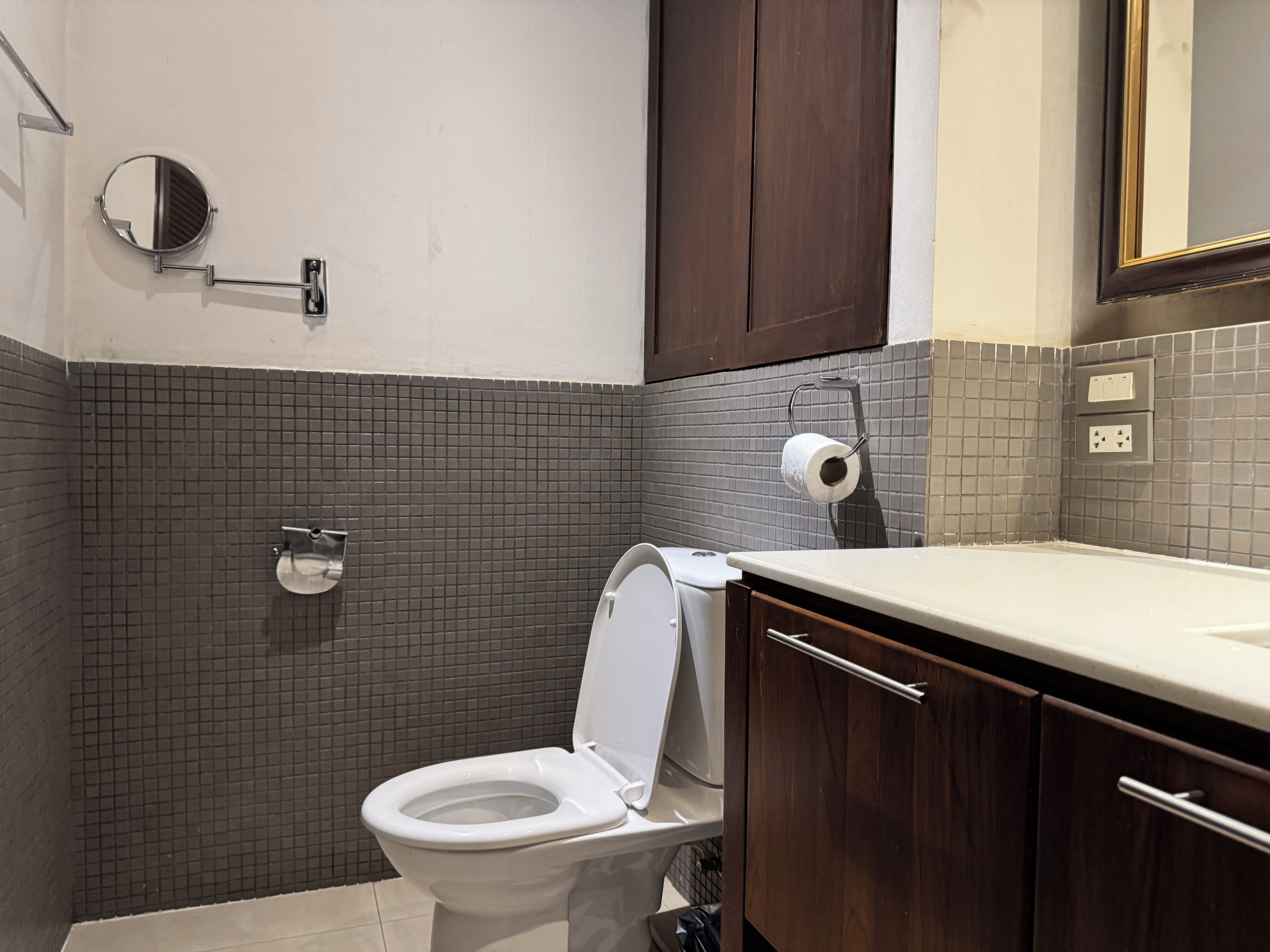 A bathroom with a toilet, a mirror, a towel rack, and a sink.