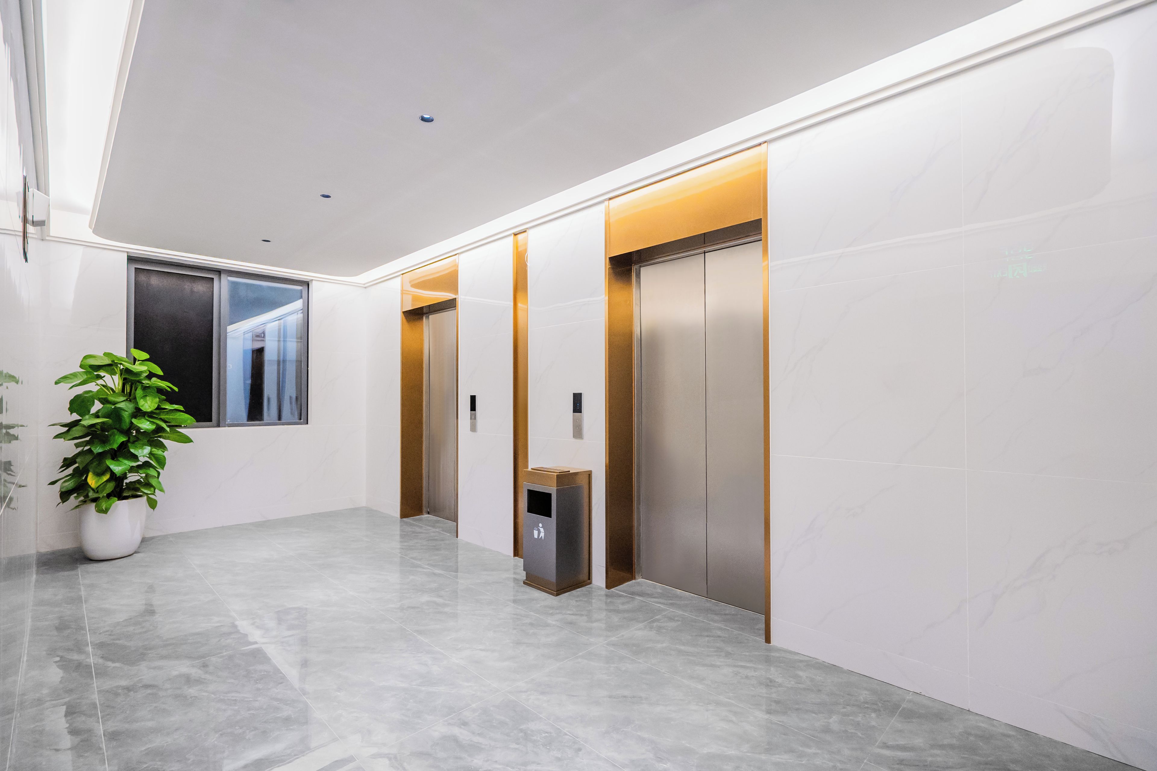 A modern elevator area with marble flooring and a potted plant.
