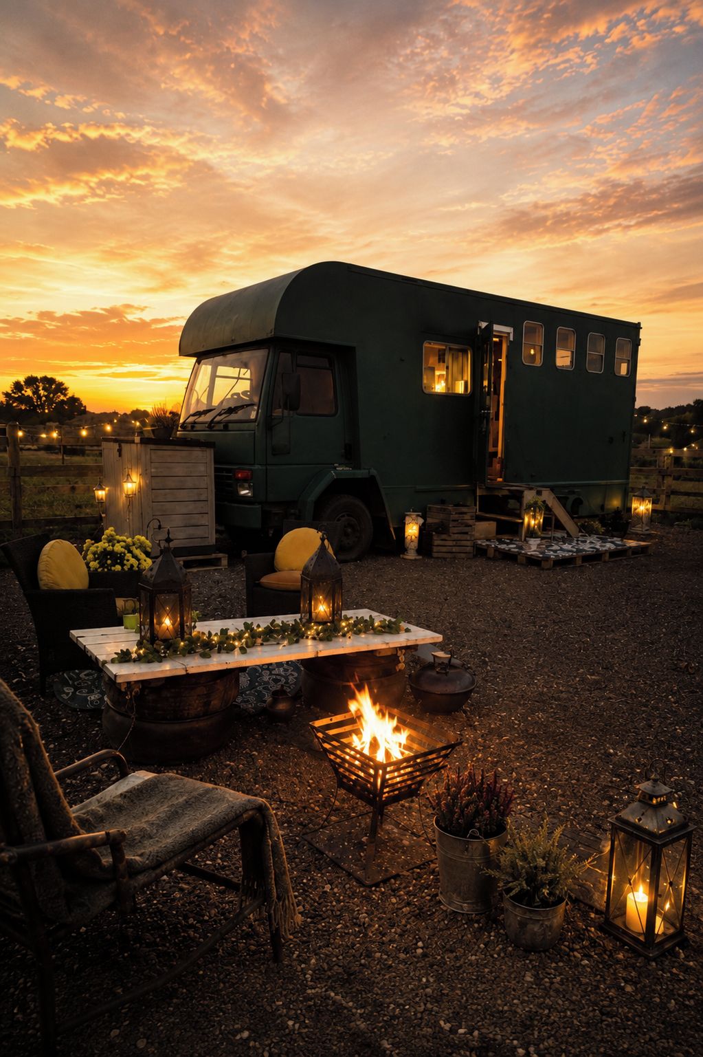 Ein Wohnwagen mit Feuerstelle und Sitzbereich im Freien, umgeben von Laternen und einem Sonnenuntergang im Hintergrund.
