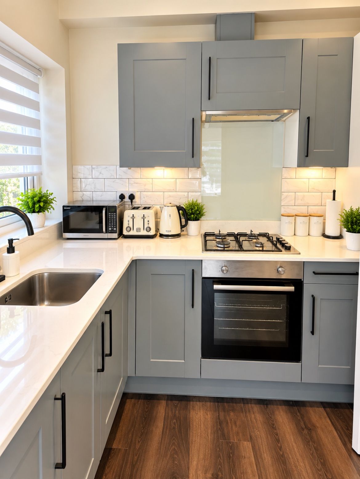 Une cuisine moderne avec des meubles gris, un évier en acier inoxydable, un four à micro-ondes, un grille-pain, une bouilloire et une cuisinière à gaz.