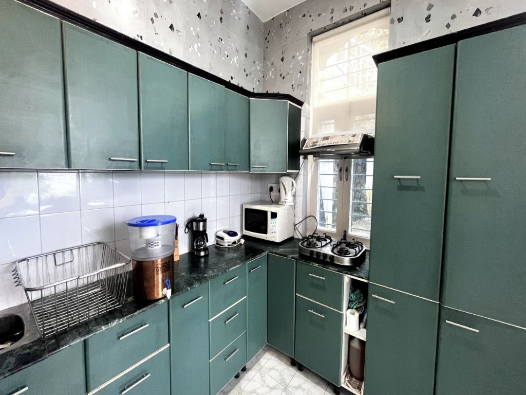 Una cucina con mobili verdi, un forno a microonde, una macchina da caffè e un piano cottura a gas.