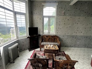 Et værelse med et stort vindue, en radiator, en sofa, et sofabord og et fjernsyn.