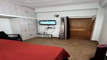 Une chambre avec un lit, une télévision, une armoire et un rideau.