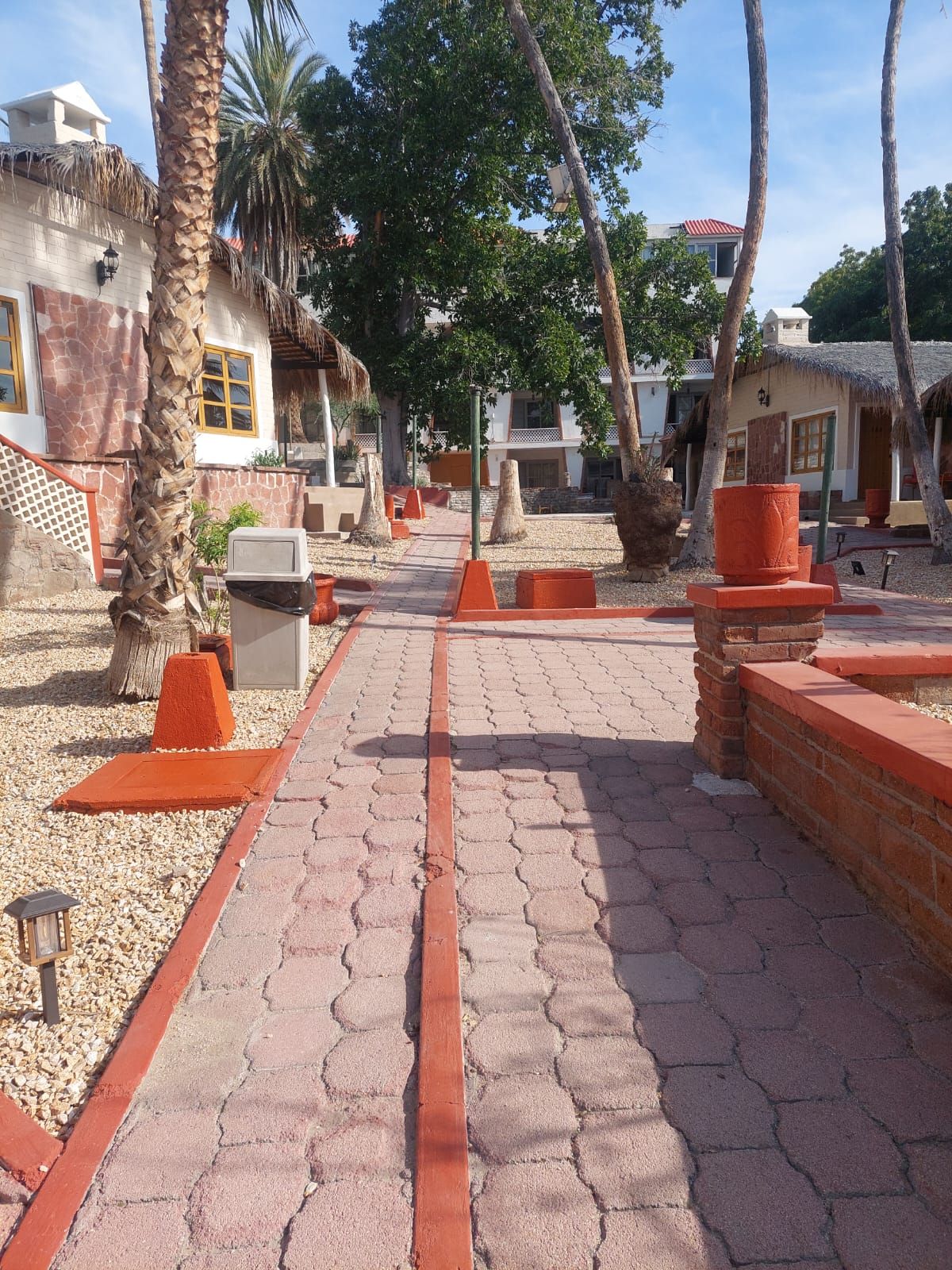 A paved pathway leading to a building with a thatched roof, surrounded by palm trees and orange bollards.
