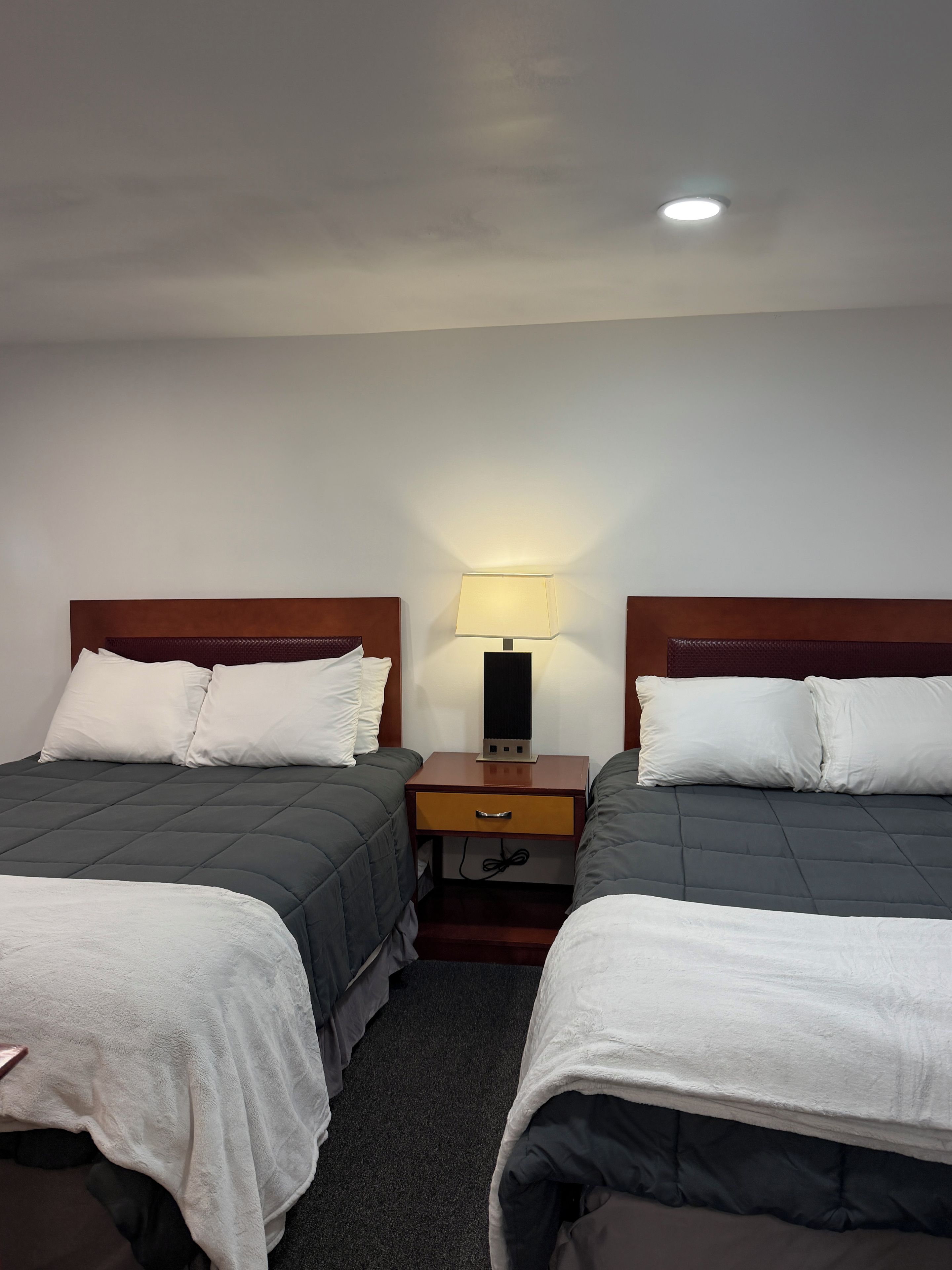 Habitación de hotel con dos camas, cada una con cabecero de madera, una mesita de noche con lámpara y un cajón pequeño.