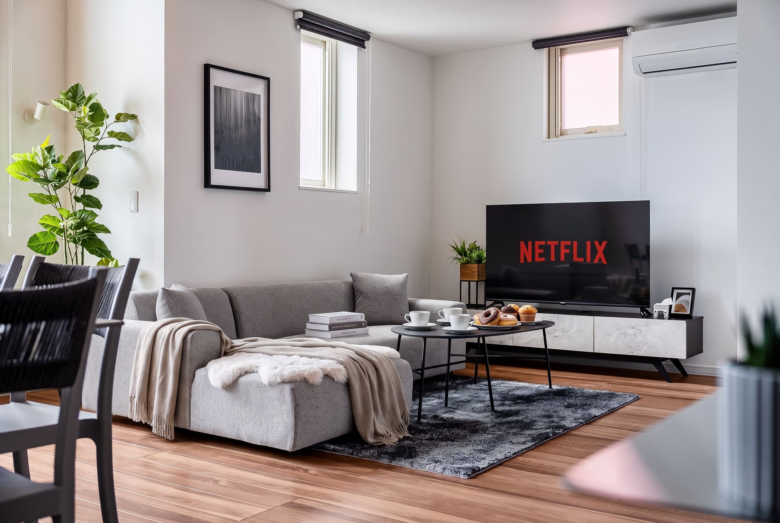 A modern living room with a grey sofa, a coffee table, and a TV displaying 'NETFLIX'.