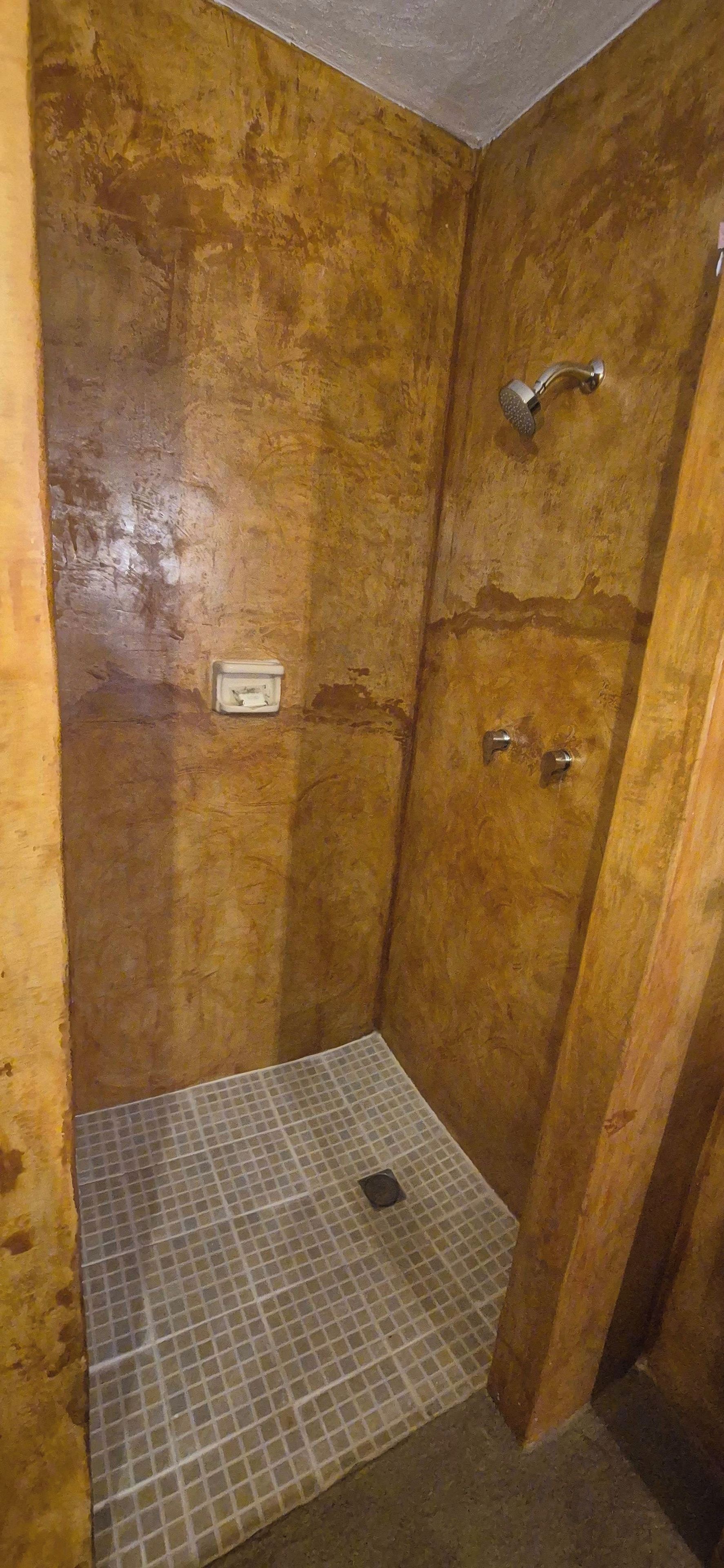 A small, enclosed shower area with a tiled floor and a metal showerhead.