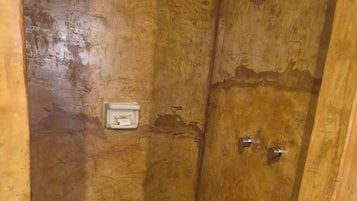 A small, enclosed shower area with a tiled floor and a metal showerhead.