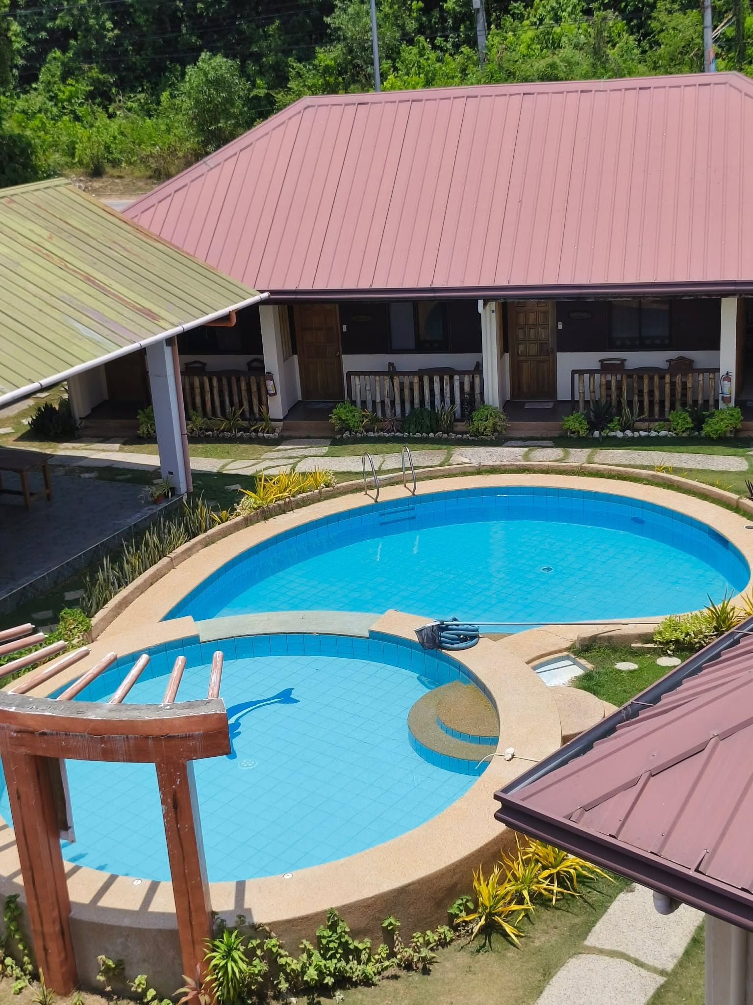 Una piscina con diseño curvo, rodeada por una zona de deck con una valla de madera.