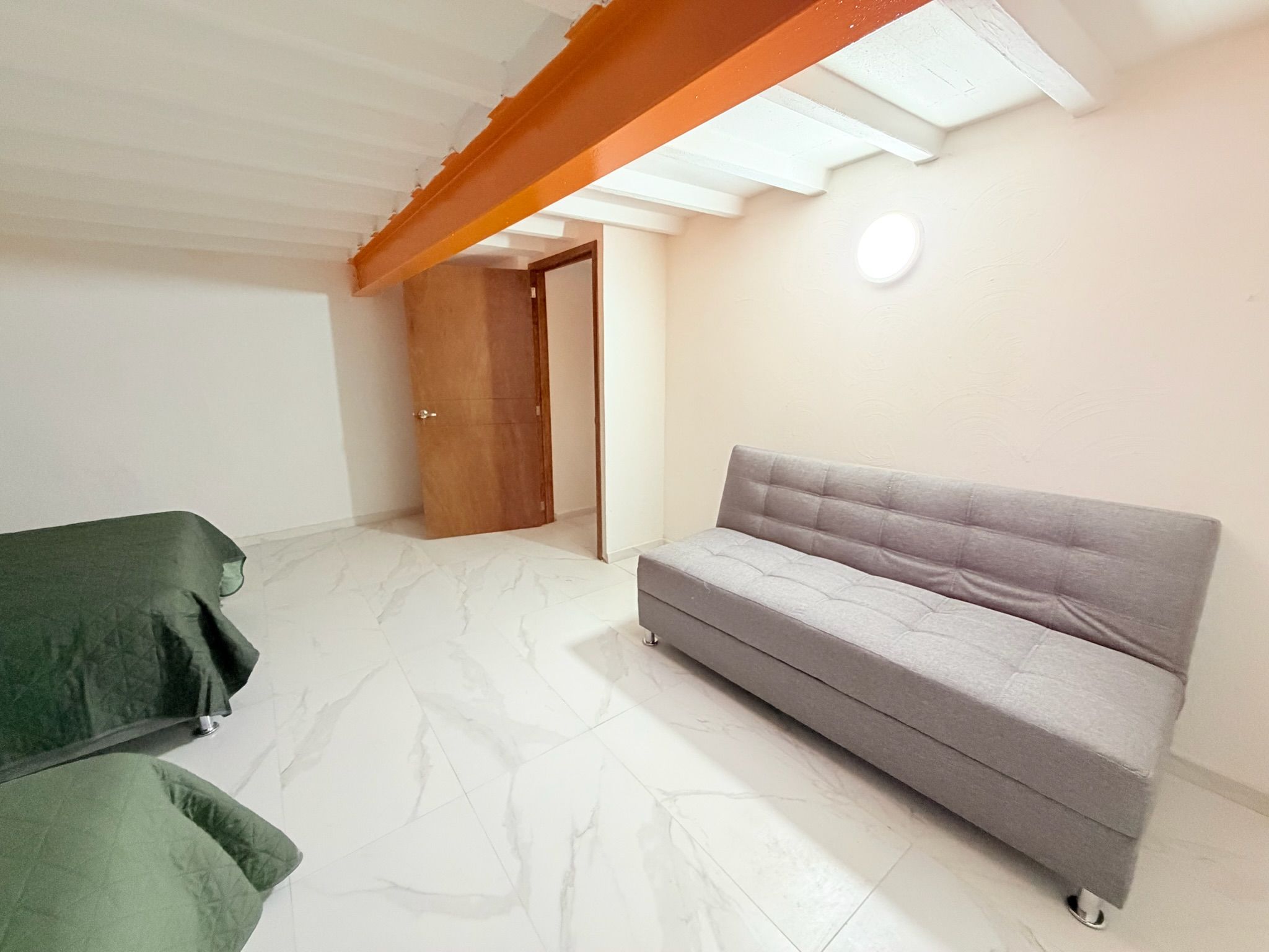 Una habitación con un sofá gris, una cama verde y una puerta de madera que da a otra habitación.