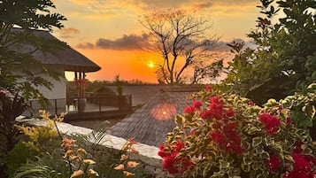 A sunset view with a house and garden.