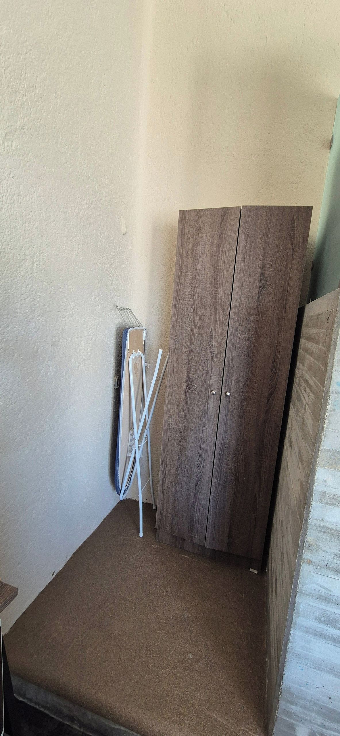 A corner of a room with a brown carpet, a white wall, and a wooden panel.