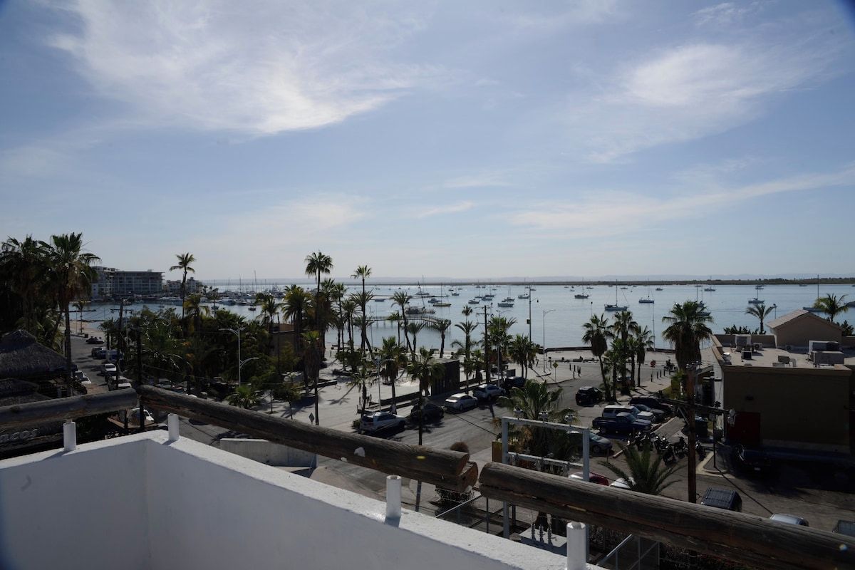 A coastal view with a marina, palm trees, and buildings.