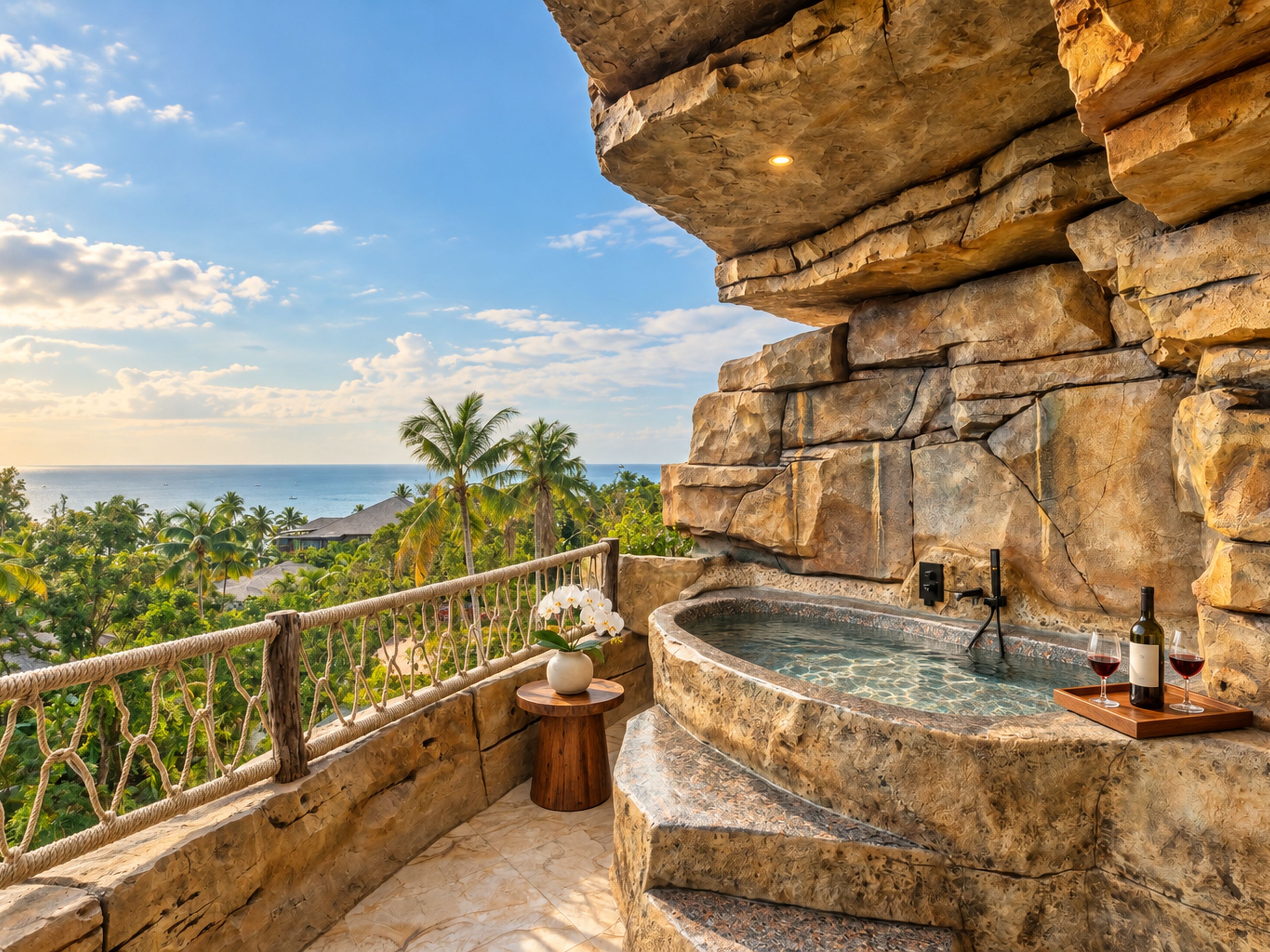 A stone balustrade overlooking a pool with a view of the ocean and palm trees.