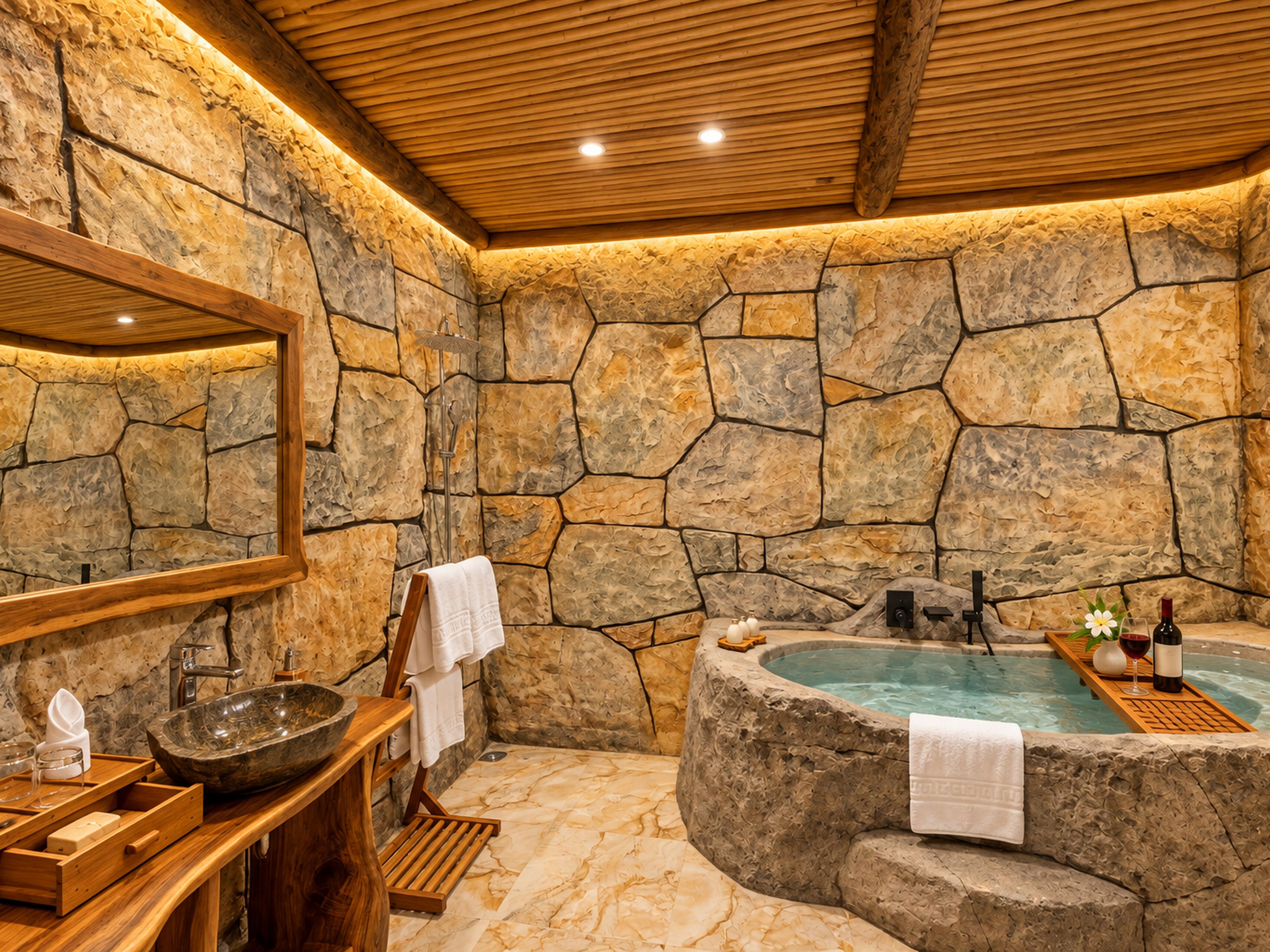 Un baño con paredes de piedra, una bañera independiente, un tocador de madera y un espejo grande.