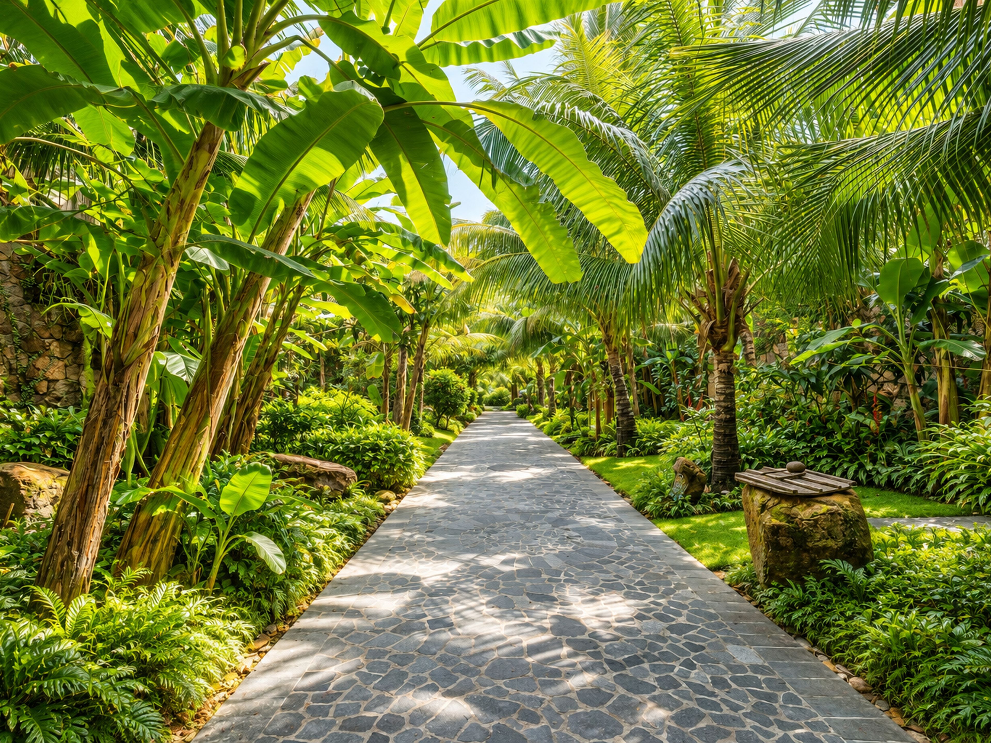 A pathway flanked by lush greenery and palm trees, leading through a tropical garden.