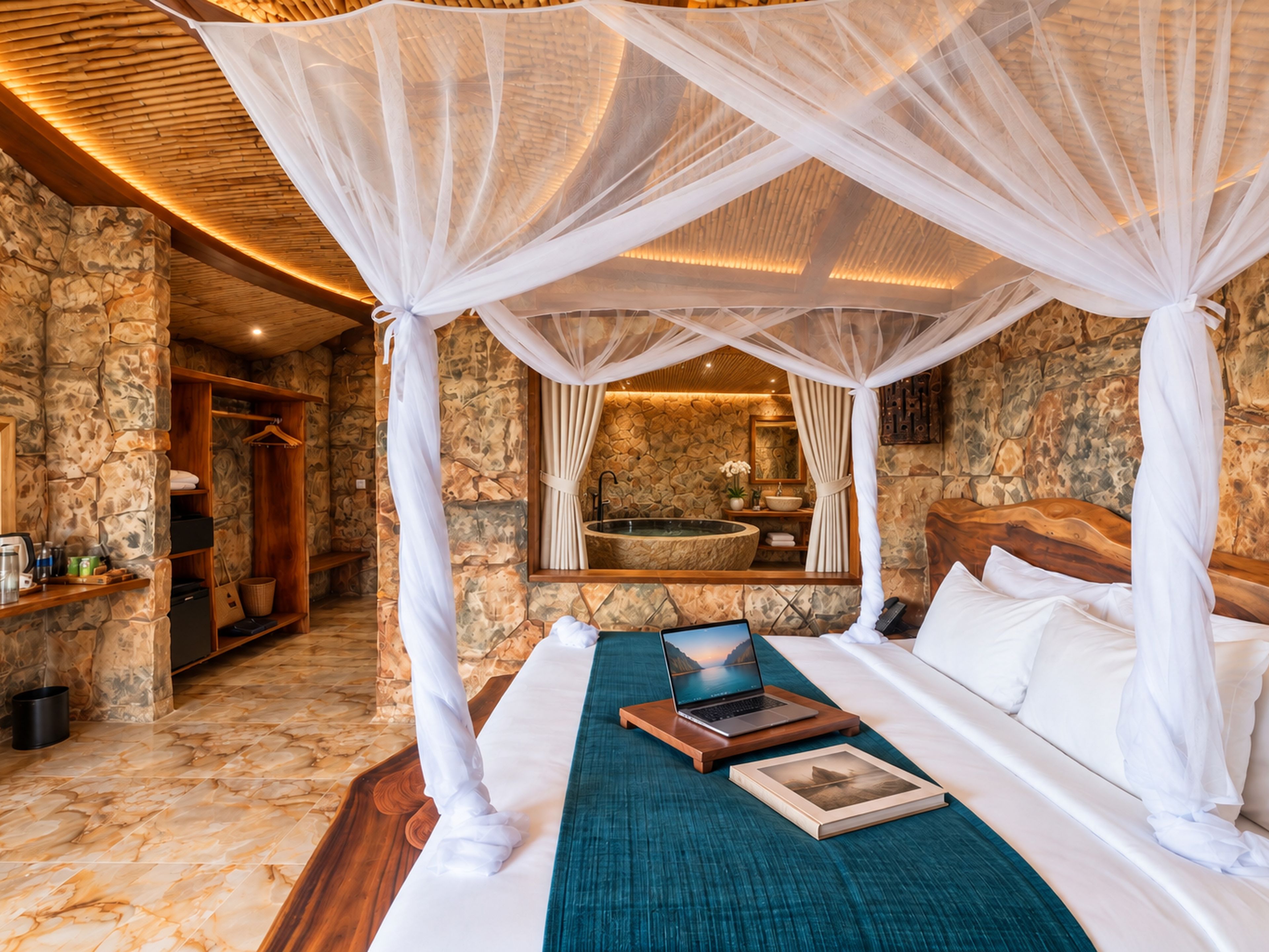 A bedroom with a stone wall, a large bed with a canopy, a laptop, and a book on the bed.