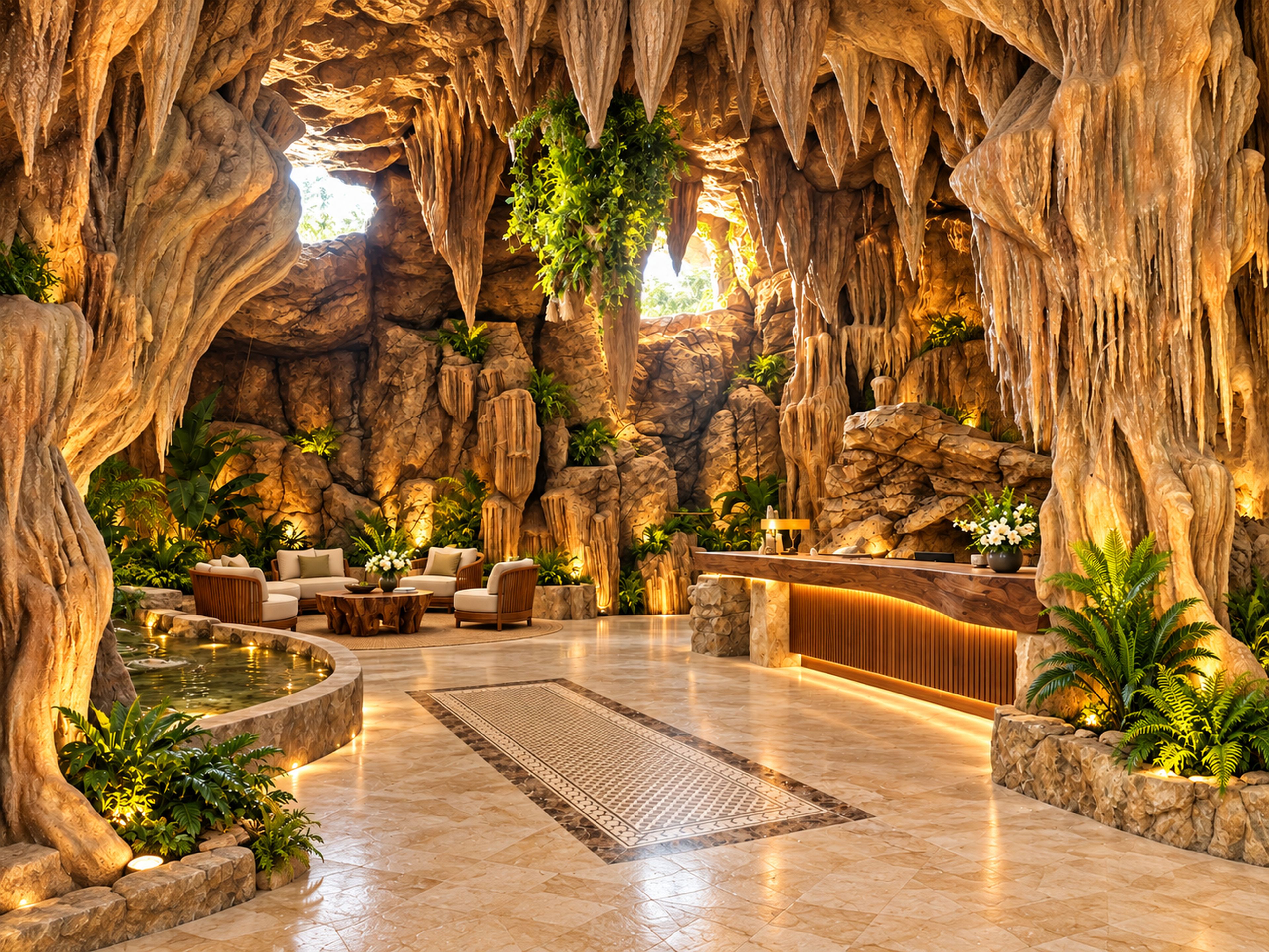 A lobby with a rock wall, seating area, reception desk, and a water feature.