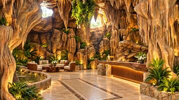 A lobby with a rock wall, seating area, reception desk, and a water feature.