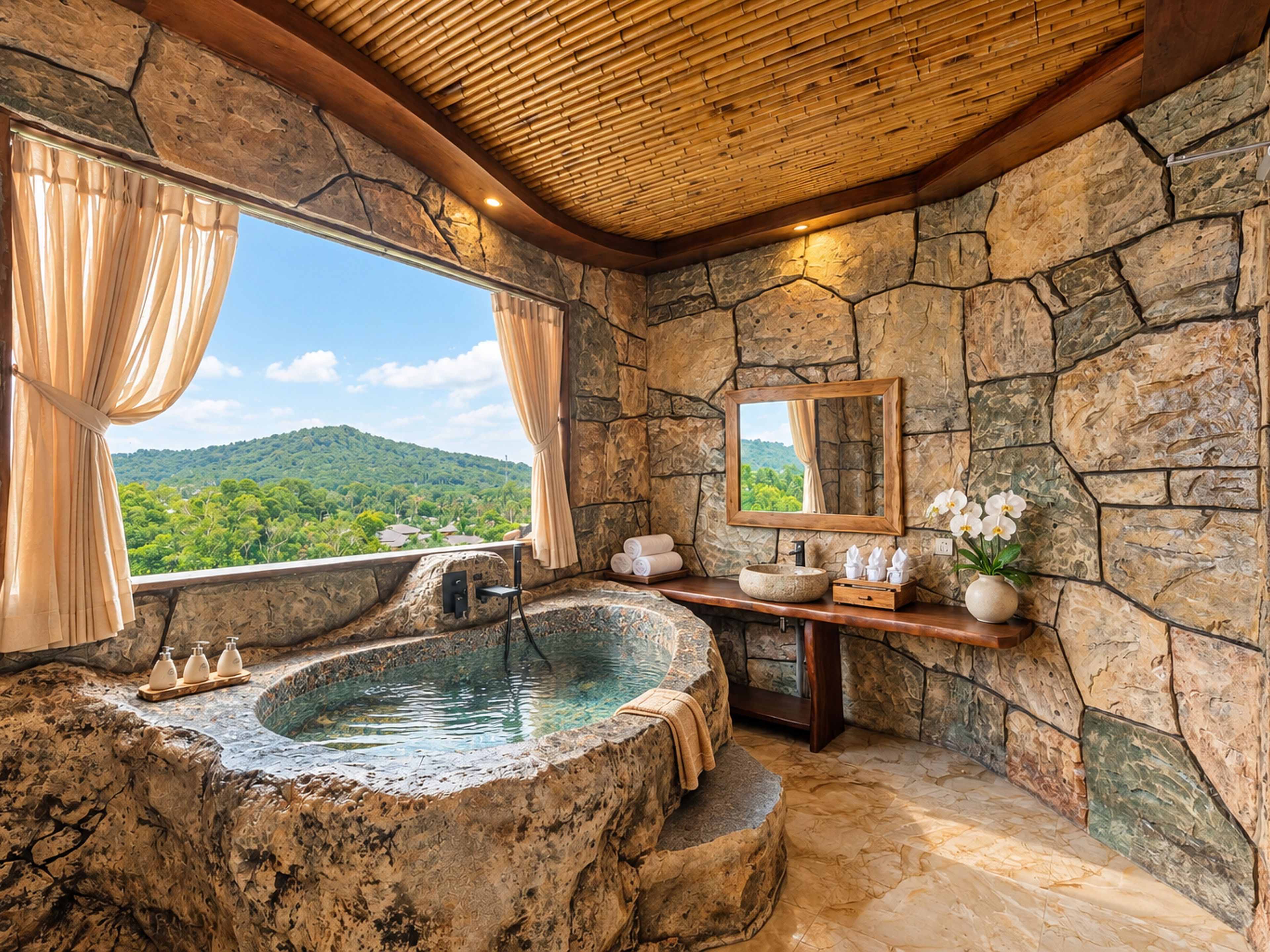 Un baño con paredes de piedra, una bañera grande, un espejo y vistas a un paisaje montañoso.