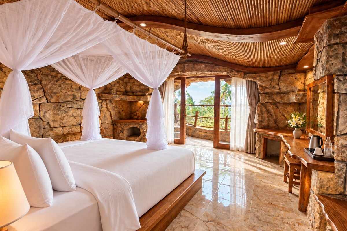 Un dormitorio con pared de piedra, cama con ropa de cama blanca, dosel y vistas al exterior.