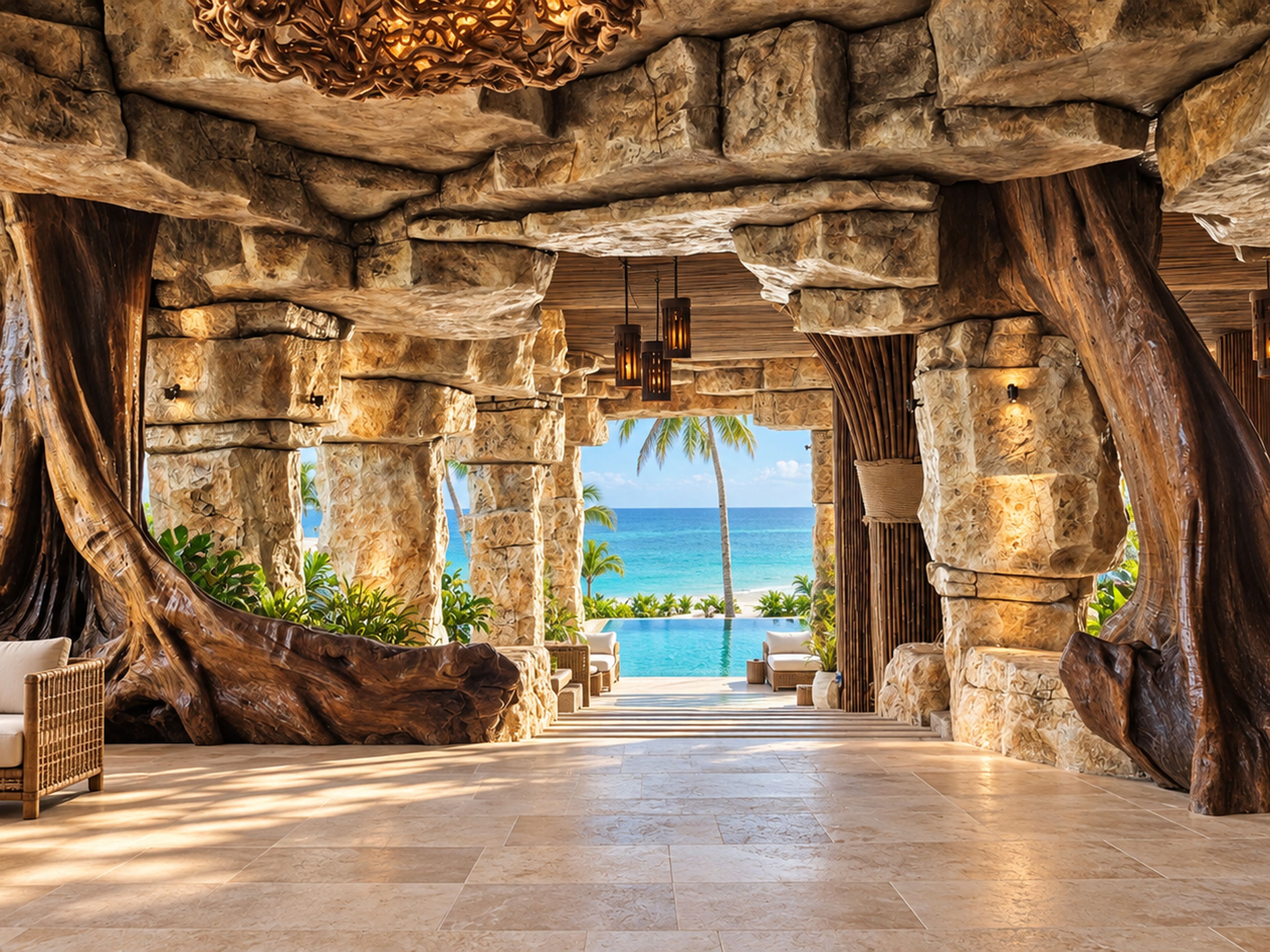Un arco de piedra que conduce a una piscina con vista al océano.
