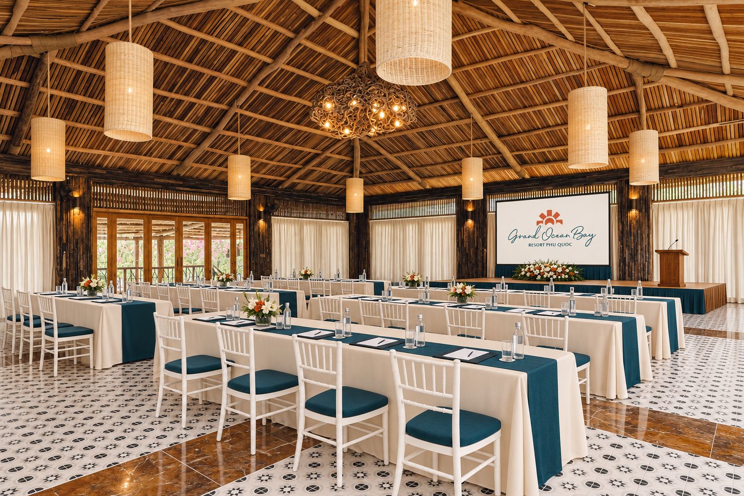 A conference room with white chairs and tables, a large screen displaying 'Grand Ocean Bay Resort PHU QUOC', and a wooden ceiling with hanging lights.