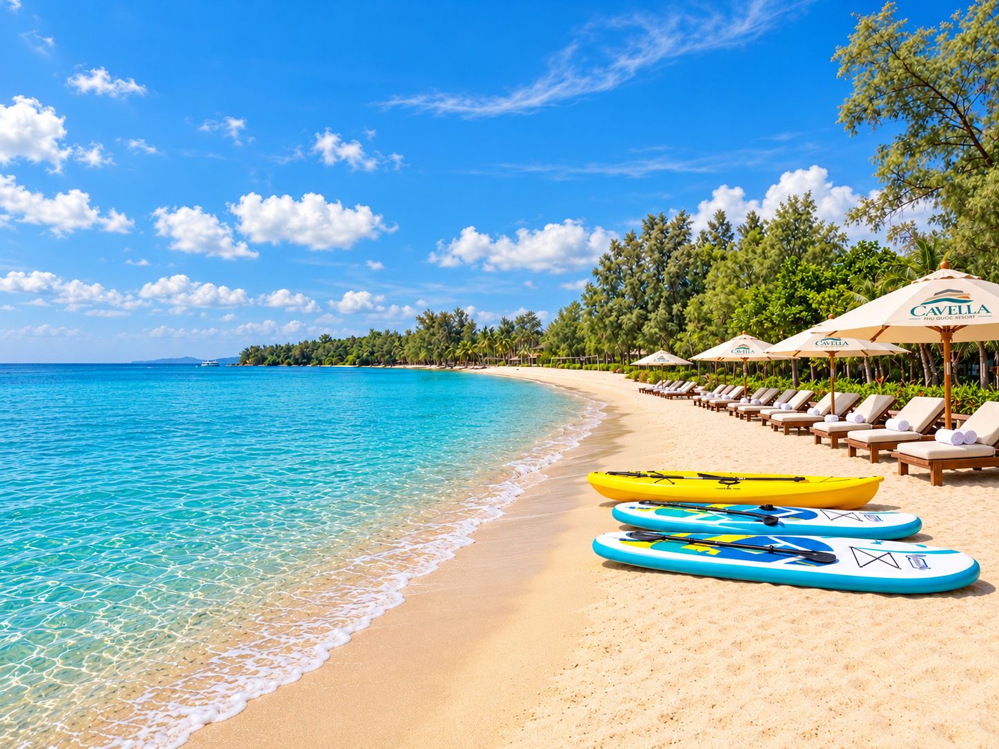 A beach with clear turquoise water, a row of sun loungers, and a row of yellow and blue kayaks.